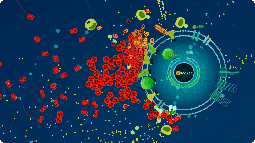 Life on the Edge gameplay screenshot showing a tower defence game with cell-themed towers and enemies